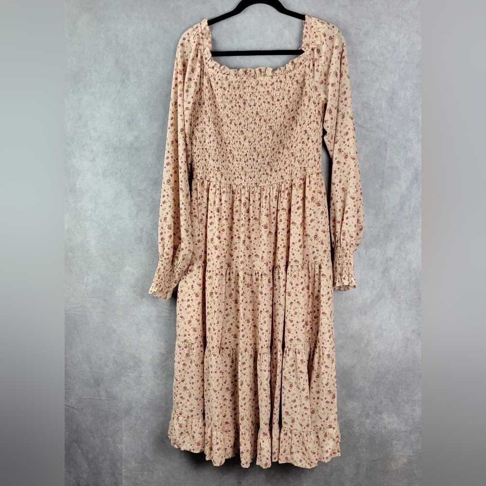 Aura size L Floral Midi dress smocked fit & flare long sleeve Romantic Fluence